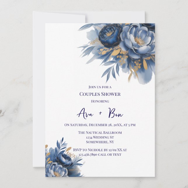 Navy Blue and Gold Peony Flower Couples Shower Einladung (Vorderseite)