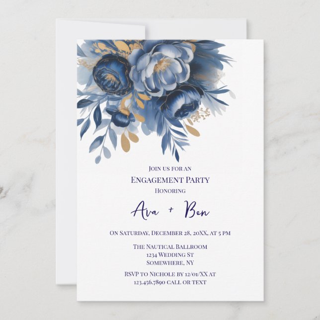 Navy Blue and Gold Peony Flower Engagement Party Einladung (Vorderseite)