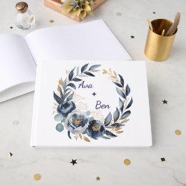 Navy Blue and Gold Peony Flower Wedding Gästebuch