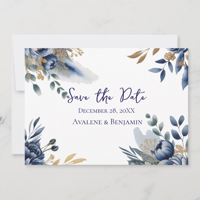 Navy Blue and Gold Peony Wedding Thank You Card (Vorderseite)