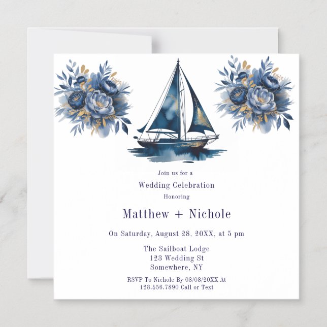Navy Blue and Gold Sailboat Nautical Wedding Magneteinladung (Vorderseite)