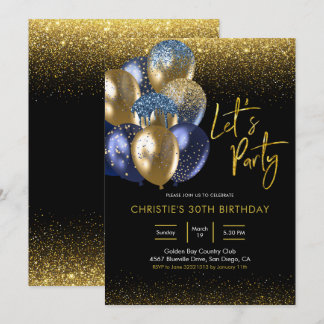 Navy Blue and Gold Sparkling Let's Party Einladung