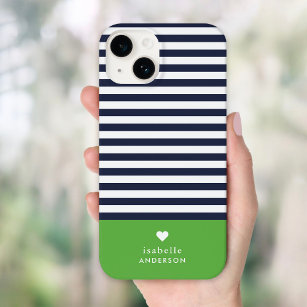 Navy Blue and Green Chic Stripes Heft Monogram Case-Mate iPhone 14 Hülle