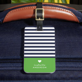 Navy Blue and Green Chic Stripes Heft Monogram Gepäckanhänger