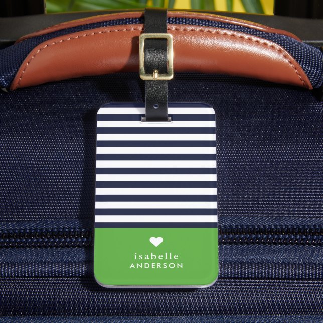Navy Blue and Green Chic Stripes Heft Monogram Gepäckanhänger (Vorderseite Insitu 2)