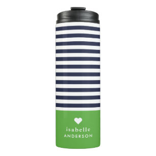 Navy Blue and Green Chic Stripes Heft Monogram Thermosbecher