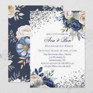 Navy Blue and Ivorou Floral Engagement Party Einladung