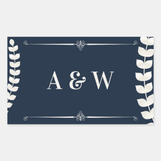 Navy Blue and Ivory Elegant Laurel Monogram Weddin Rechteckiger Aufkleber