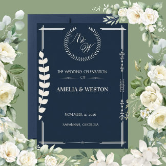 Navy Blue and Ivory Elegant Laurel Wreath Wedding Einladung