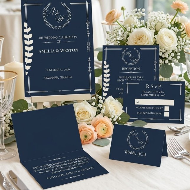 Navy Blue and Ivory Elegant Monogram  Save The Date (Von Creator hochgeladen)