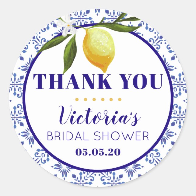 Navy Blue and Lemon bridal shower round sticker (Vorderseite)