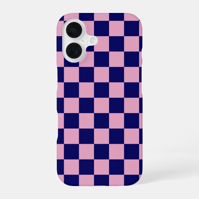 Navy Blue and Light Pink Checkerboard Pattern iPhone 16 Hülle (Rückseite)