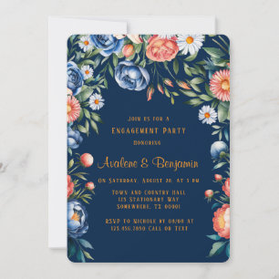 Navy Blue and Orange Peony Engagement Party Einladung
