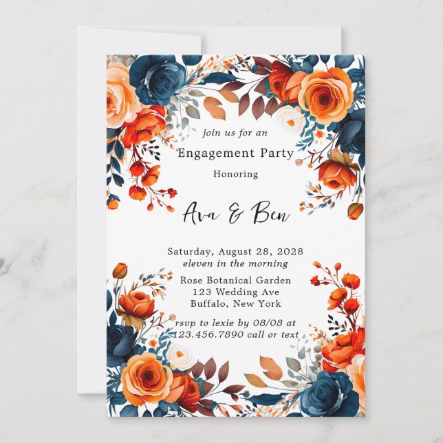 Navy Blue and Orange Peony Engagement Party Einladung (Vorderseite)