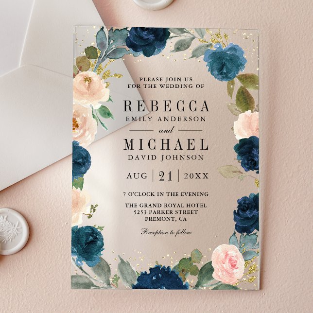 Navy Blue and Peach Floral Wedding Acryleinladungen (Von Creator hochgeladen)