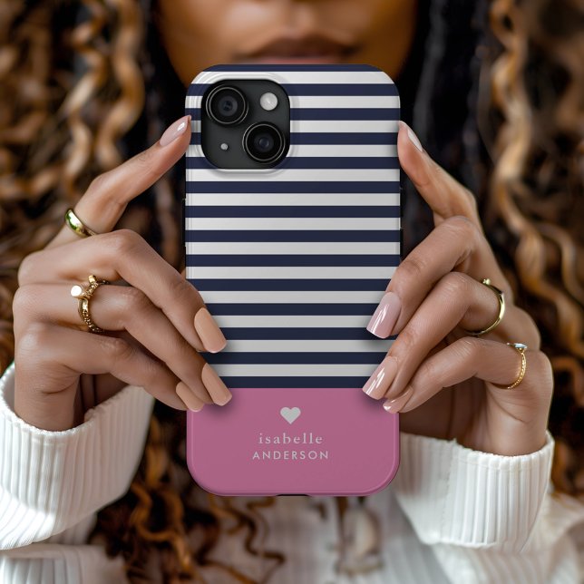 Navy Blue and Pink Chic Stripes Heftmonogramm Case-Mate iPhone Hülle (Von Creator hochgeladen)