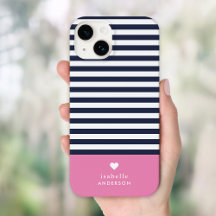 Navy Blue and Pink Chic Stripes Heftmonogramm