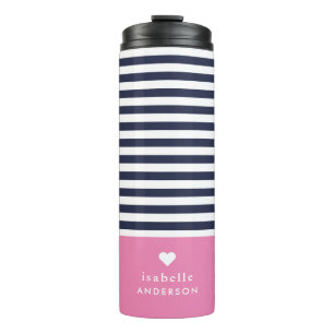 Navy Blue and Pink Chic Stripes Heftmonogramm Thermosbecher