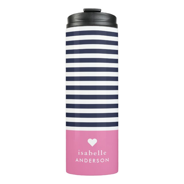 Navy Blue and Pink Chic Stripes Heftmonogramm Thermosbecher (Vorderseite)