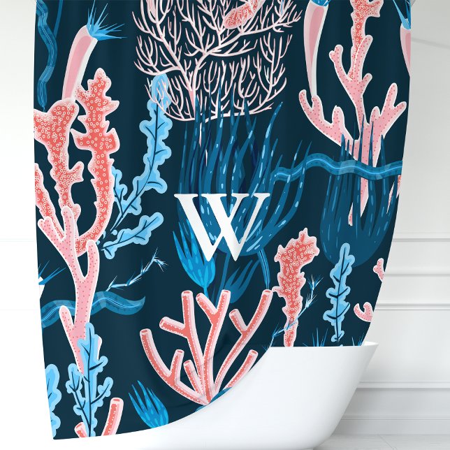 Navy Blue and Pink Ocean Coral Monogram Nautic Duschvorhang (Von Creator hochgeladen)