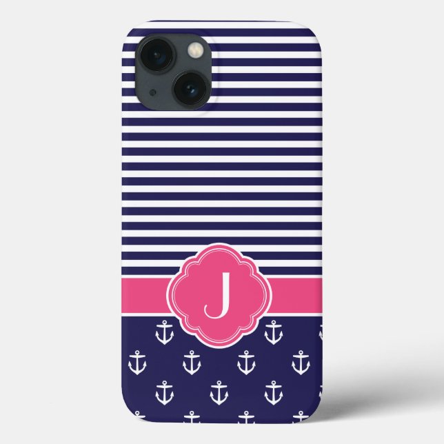 Navy Blue and Pink Preppy Nauly Monogram Case-Mate iPhone Hülle (Rückseite)