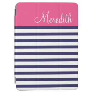 Navy Blue and Pink Preppy Strips Custom Monogram iPad Air Hülle