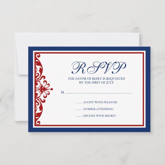Navy Blue and Red Blüh RSVP Karte (Vorderseite)