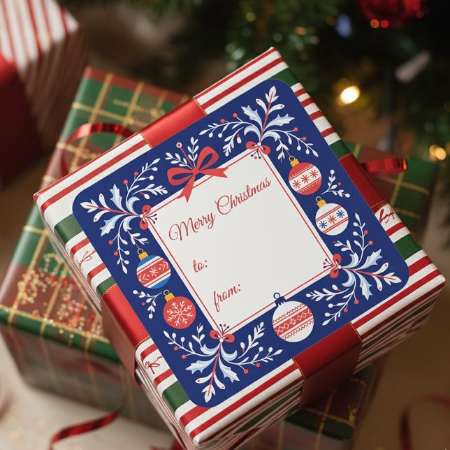 Navy Blue and Red Folk Art Weihnachtsschmuck Quadratischer Aufkleber (Von Creator hochgeladen)