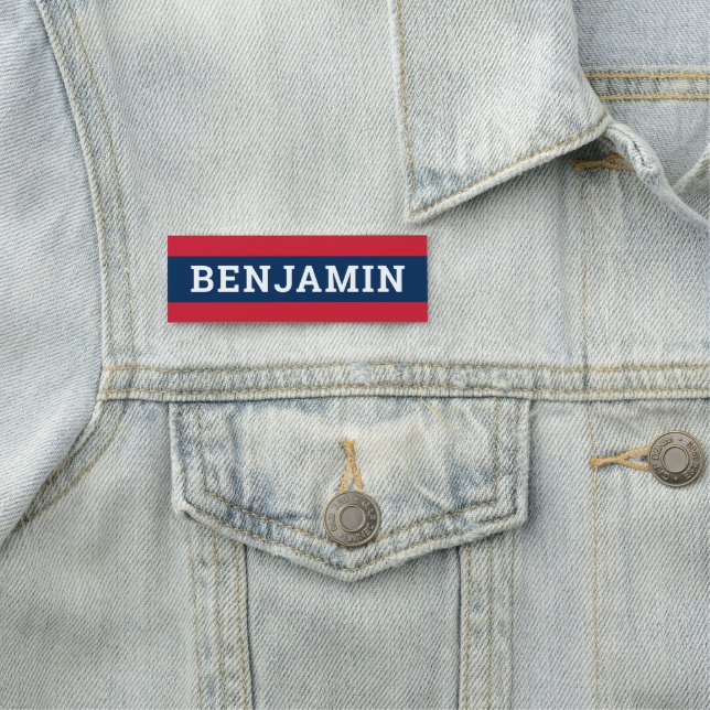 Navy Blue and Red Stripes mit Preppy Schriftart Namensschild (Beispiel)