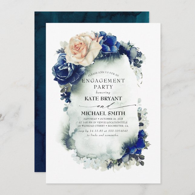 Navy Blue and Rust Floral Moderne Engagement Party Einladung (Vorne/Hinten)