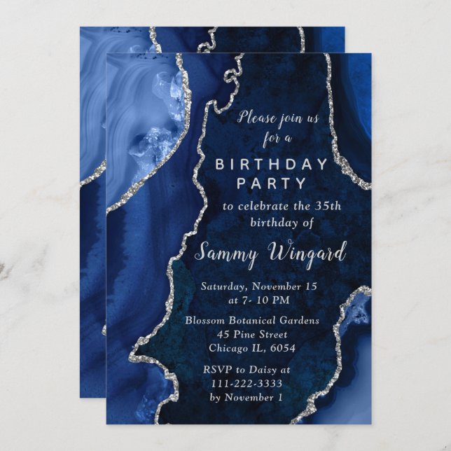Navy Blue and Silver Agate Marble Birthday Party Einladung (Vorne/Hinten)