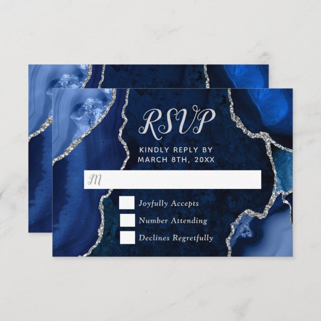 Navy Blue and Silver Agate Marble RSVP Karte (Vorne/Hinten)