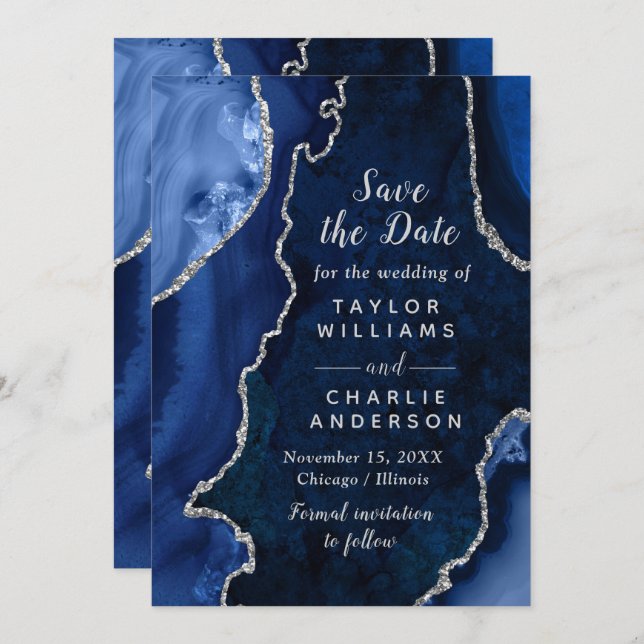 Navy Blue and Silver Agate Marble Save The Date Einladung (Vorne/Hinten)