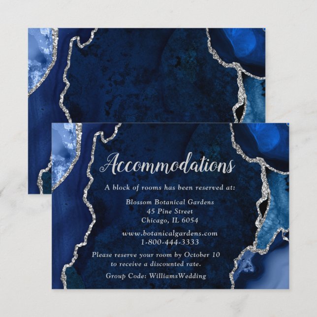 Navy Blue and Silver Agate Wedding Accommodations Begleitkarte (Vorne/Hinten)