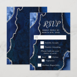 Navy Blue and Silver Agate Wedding Meal Choice RSVP Karte