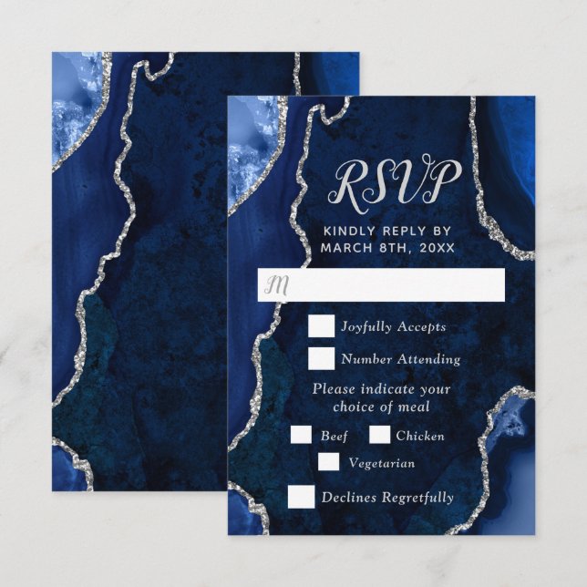 Navy Blue and Silver Agate Wedding Meal Choice RSVP Karte (Vorne/Hinten)