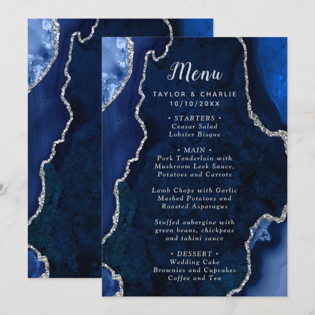 Navy Blue and Silver Agate Wedding Menu Menükarte (Vorne/Hinten)
