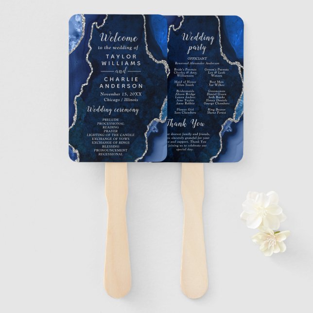 Navy Blue and Silver Agate Wedding Program Fächer (Vorne und Hinten)