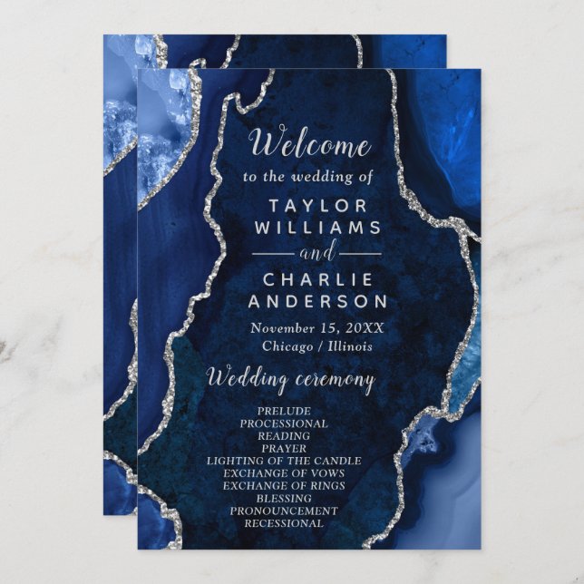 Navy Blue and Silver Agate Wedding Program Programm (Vorne/Hinten)