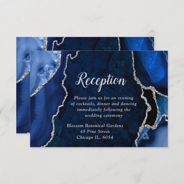 Navy Blue and Silver Agate Wedding Reception Begleitkarte (Vorne/Hinten)