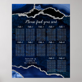 Navy Blue and Silver Agate Wedding Seating Chart Poster
