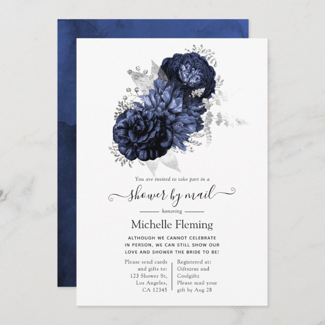Navy Blue and Silver Floral Shows by Mail Einladung (Vorne/Hinten)