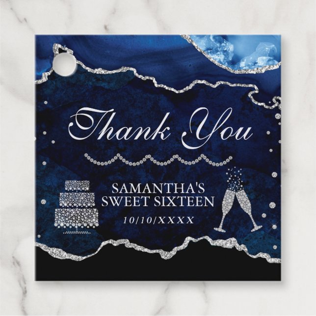Navy Blue and Silver Glitzer Agate Marble Sweet 16 Geschenkanhänger (Vorderseite)