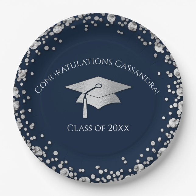 Navy Blue and Silver Graduation Pappteller (Vorderseite)