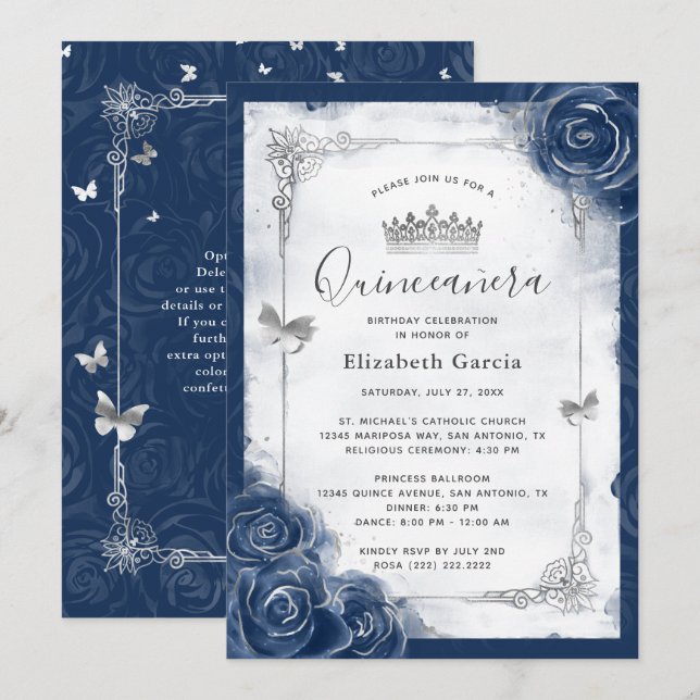 Navy Blue and Silver Rose Elegante Quinceanera Einladung (Vorne/Hinten)