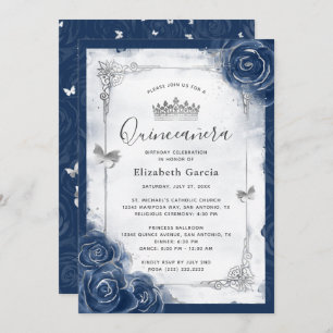 Navy Blue and Silver Rose Elegante Quinceanera Einladung