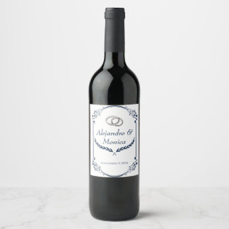 Navy Blue and Silver Wedding Ring Wine Label Weinetikett