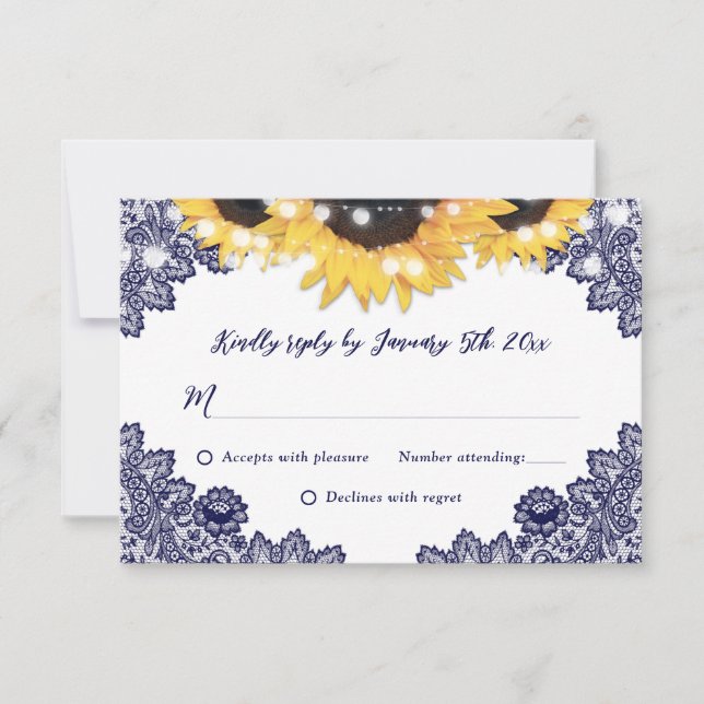 Navy Blue and Sunflower Rustic Floral Lace Wedding RSVP Karte (Vorderseite)