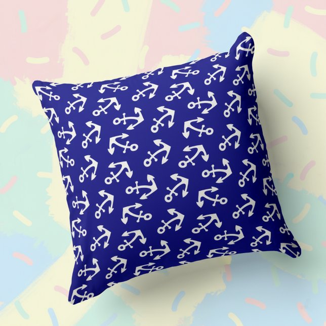 Navy Blue And White Anchors Nautical Large Cotton Kissen (Navy blue and white anchor pillow.)