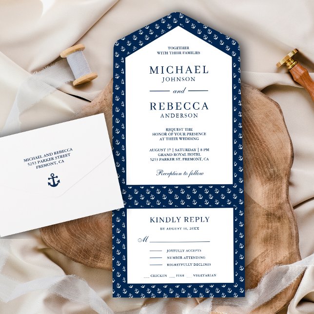Navy Blue and White Anchors Nautical Wedding All In One Einladung (Von Creator hochgeladen)